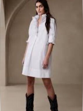 NWT retail $150 size M #BananaRepublic Mari Poplin Ruffle mini dress in white.